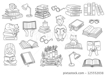 A black-and-white doodle set featuring books, readers, cats, lamps, and reading accessories. A black-and-white doodle set featuring books, readers, cats, lamps, and reading accessories. 125552038
