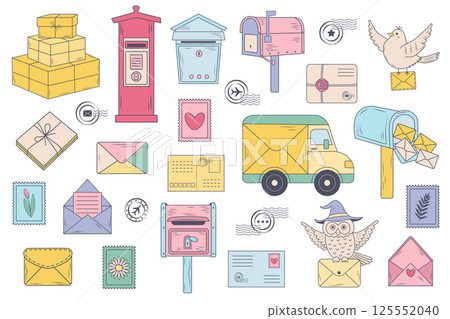 A pastel-colored hand-drawn illustration set featuring mailboxes, envelopes, stamps, parcels, a postal truck, and delivery birds. A pastel-colored hand-drawn illustration set featuring mailboxes, envelopes, stamps, parcels, a postal truck, and delivery birds. 125552040