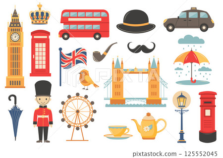 Vector set of British symbols: Big Ben, red bus, bowler hat, taxi, telephone booth, royal guard, umbrella Vector set of British symbols: Big Ben, red bus, bowler hat, taxi, telephone booth, royal guard, umbrella 125552045