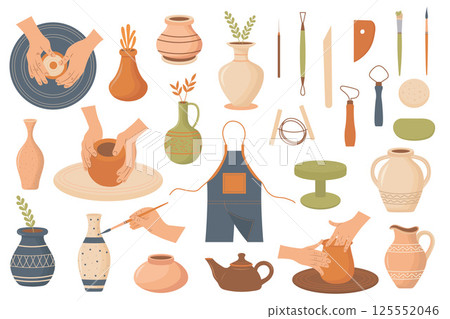 A set of vector illustrations featuring pottery, clay pots, vases, tools, and hands shaping ceramics.  125552046