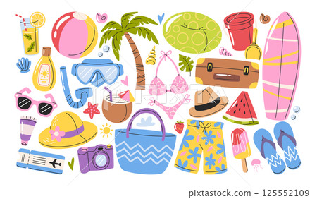 Summer holiday vacation set with touristic essentials and supplies for rest and active recreation Summer holiday vacation set with touristic essentials and supplies for rest and active recreation 125552109