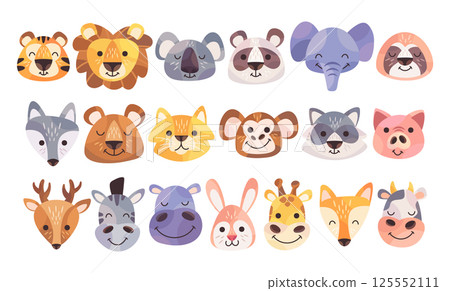 Cute animals avatars cartoon characters set with heads and faces of forest, zoo, farm habitants 125552111