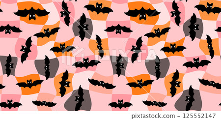 Fun Halloween Seamless Vector Pattern with Cartoon Bats, Distorted Warped Checked Plaid Background in Orange, Pink, Gray 125552147