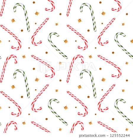 Watercolor red and green striped candy canes among golden stars seamless pattern isolated background. Christmas sweet caramel sticks ornate. Xmas sugar lollipop illustration for festive package Watercolor red and green striped candy canes among golden stars seamless pattern isolated background. Christmas sweet caramel sticks ornate. Xmas sugar lollipop illustration for festive package 125552244