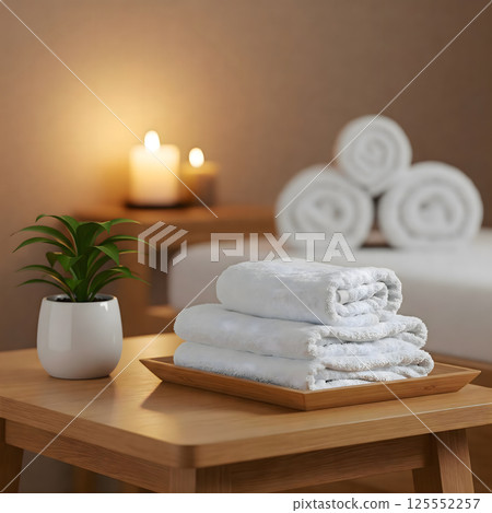 Spa Relaxation Ritual: A tranquil spa setting is prepped with pristine white towels neatly stacked on a tray. 125552257