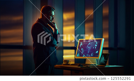 Businessman thinking over global network displayed on screen , symbolizing business collapse, world business connections. 125552291
