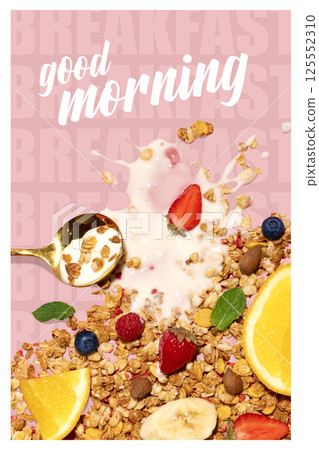 Golden spoon with granola yogurt and fruits splashing together against pastel pink breakfast-themed background. Golden spoon with granola yogurt and fruits splashing together against pastel pink breakfast-themed background. 125552310