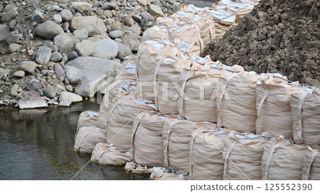Disaster image (flood damage, heavy rain disaster, restoration, river construction, bank protection construction) Disaster image (flood damage, heavy rain disaster, restoration, river construction, bank protection construction) 125552390