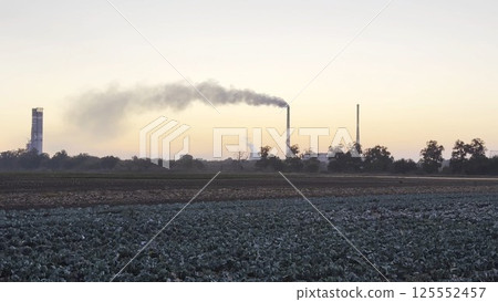 Heavy gray smoke is poured from the chimney pipes of thermal power plant. Carbon dioxide emitting from chimneys from industrial factory into the atmosphere. Concept of environmental pollution problem Heavy gray smoke is poured from the chimney pipes of thermal power plant. Carbon dioxide emitting from chimneys from industrial factory into the atmosphere. Concept of environmental pollution problem 125552457