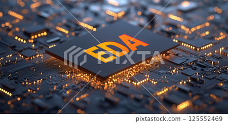 Electronic chip circuit board glowing technology EDA closeup futuristic digital Electronic chip circuit board glowing technology EDA closeup futuristic digital 125552469