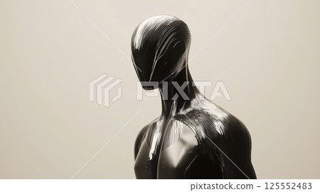 Man in a black suit with a silver head. The suit is made of metal. The man is standing in front of a white wall 125552483