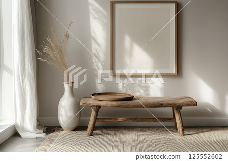 Frame and poster mock up in living room with clay vase. Scandinavian interior. 125552602