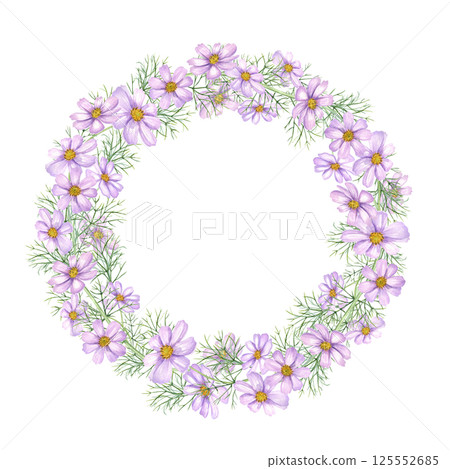 Watercolor cosmos flower with green leaves wreath isolated background. Delicate flowers with leaves round frame with empty space for text. Floral illustration for wedding cards, birthday invitations. Watercolor cosmos flower with green leaves wreath isolated background. Delicate flowers with leaves round frame with empty space for text. Floral illustration for wedding cards, birthday invitations. 125552685