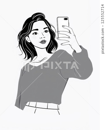 Graphic illustration of girl making selfie with smart phone. Modern female with phone. 125552714