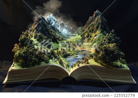 Magical landscape emerges from open book at night with stars illuminating the scene 125552779