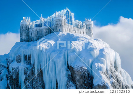Majestic ice castle rises high above clouds on a snowy mountain peak under a bright blue sky Majestic ice castle rises high above clouds on a snowy mountain peak under a bright blue sky 125552810