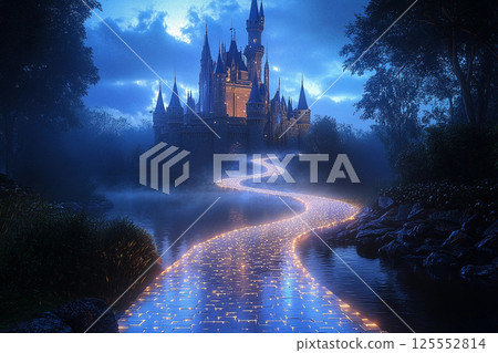 Majestic castle illuminated by glowing pathway at night under a starry sky 125552814