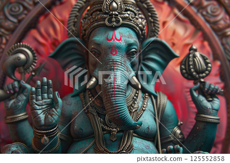 Bright holiday composition for happy Ganesh Chaturthi, abstract vivid composition consists of fictional unreal fantastic vision on background Bright holiday composition for happy Ganesh Chaturthi, abstract vivid composition consists of fictional unreal fantastic vision on background 125552858