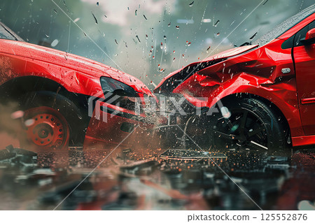 Collision of vehicles involved in major accident on city road with major damage, abstract vivid composition consists of fictional unreal fantastic vision on background 125552876