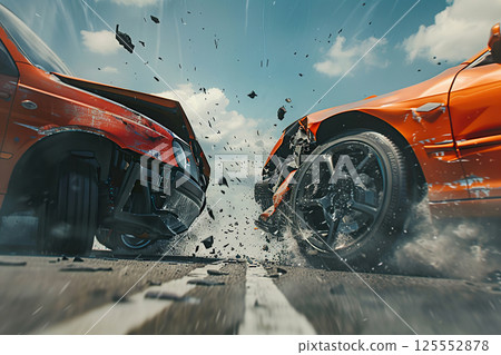 Collision of vehicles involved in major accident on city road with major damage, abstract vivid composition consists of fictional unreal fantastic vision on background 125552878