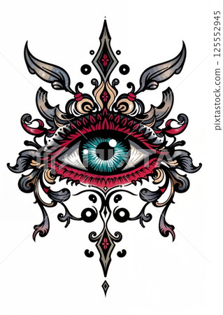 tattoo style illustration of magical gazing eye, decorated with ornaments 125552945