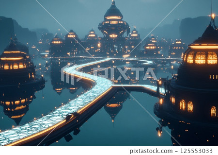 Floating city with geometric design illuminated at dusk above a tranquil landscape 125553033