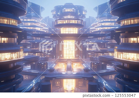 Futuristic university campus designed around glowing architecture and vibrant illumination during twilight hours 125553047