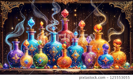 collection of glowing magical potions. Whimsical Fantasy bottles decorated with crystals. Game wallpaper collection of glowing magical potions. Whimsical Fantasy bottles decorated with crystals. Game wallpaper 125553055