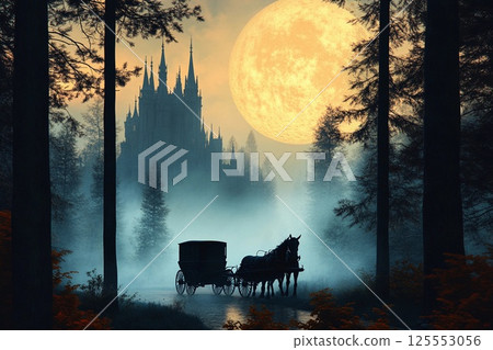 Misty forest journey with horse-drawn carriage under a full moon 125553056