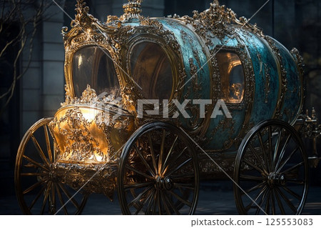 Luxurious ornate Cinderella carriage surrounded by lush greenery in a serene garden setting 125553083