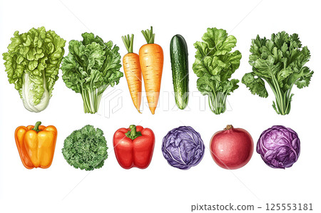 illustration of various vegetables. Salad, Bulgarian pepper, carrot and other on white background 125553181