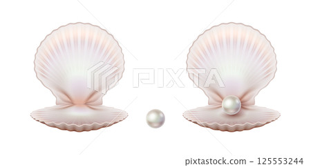 Open seashells with pearls on white background Open seashells with pearls on white background 125553244