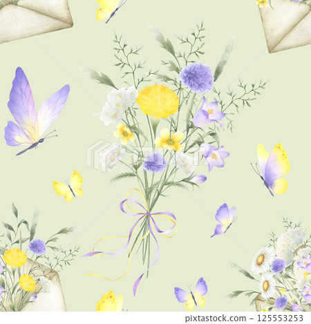 Seamless floral pattern with butterflies, bouquet tied ribbon bow and envelope with watercolor yellow lilac wildflowers bellflower, dandelion, meadow grasses. Hand drawn illustration on light green Seamless floral pattern with butterflies, bouquet tied ribbon bow and envelope with watercolor yellow lilac wildflowers bellflower, dandelion, meadow grasses. Hand drawn illustration on light green 125553253