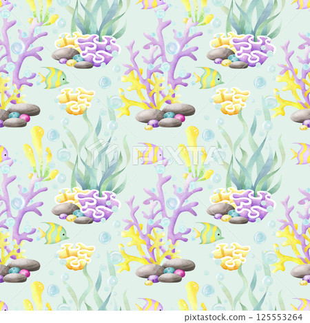 Seamless pattern with seaweed, corals, tropical fish and pebble on turquoise color. Hand drawn sea underwater watercolor illustration in yellow, lilac and green color for kids marine, nautical design 125553264