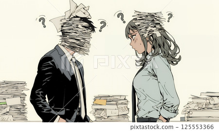 Male and female business people continuing a dialogue without fully understanding each other's opinions Male and female business people continuing a dialogue without fully understanding each other's opinions 125553366