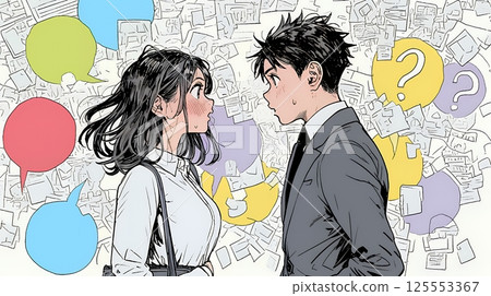 男女商人在沒有完全理解對方意見的情況下繼續對話 男女商人在沒有完全理解對方意見的情況下繼續對話 125553367