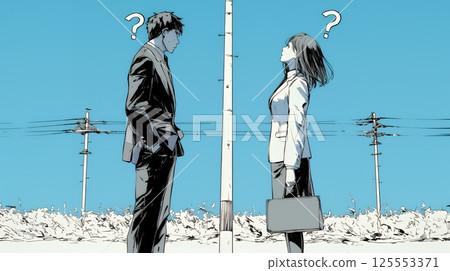 男女商人在沒有完全理解對方意見的情況下繼續對話 男女商人在沒有完全理解對方意見的情況下繼續對話 125553371