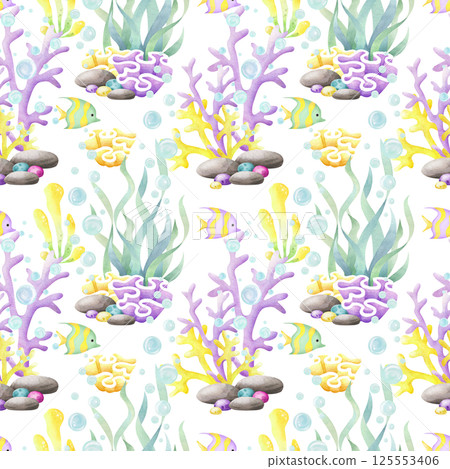 Seamless pattern with seaweed, corals, tropical fish and pebbles isolated from background. Hand drawn sea underwater watercolor illustration in yellow, lilac and green color for kids nautical design Seamless pattern with seaweed, corals, tropical fish and pebbles isolated from background. Hand drawn sea underwater watercolor illustration in yellow, lilac and green color for kids nautical design 125553406
