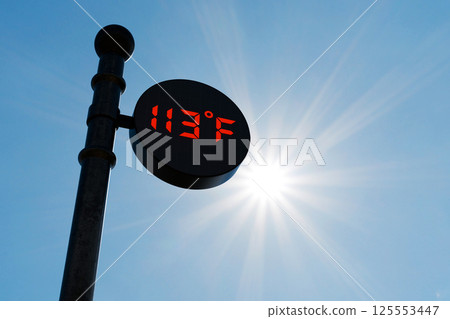 Street digital thermometer displaying a temperature of 43 degrees Celsius with blue sunny background. Street digital thermometer displaying a temperature of 43 degrees Celsius with blue sunny background. 125553447