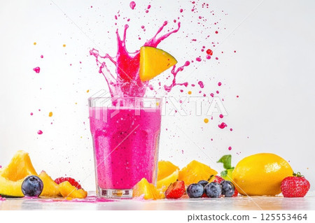 Vibrant smoothie splashes into glass surrounded by fresh fruits on white background 125553464