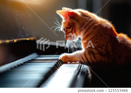 Cat plays piano with gentle touch in a sunny room filled with warmth 125553466