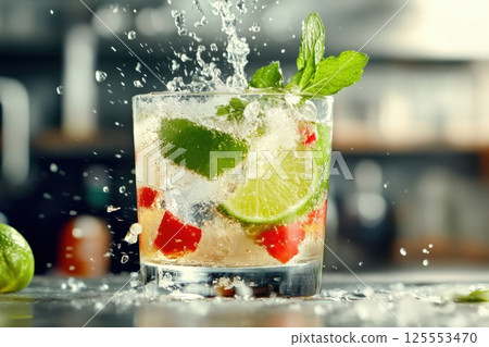 Splashing mojito with lime and mint on a vibrant summer day 125553470