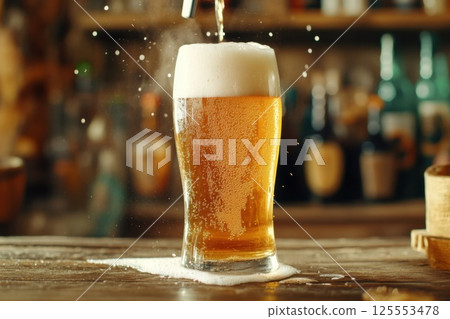 Pouring frothy beer in a rustic bar with warm ambiance and a classic setting 125553478