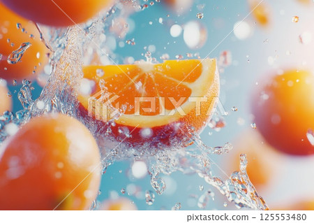 Sparkling splash of citrus fruits and water creating a refreshing scene in bright colors 125553480