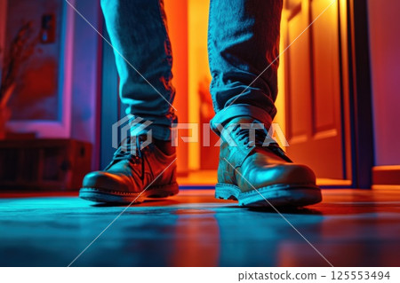 Mans shoes entering a dimly lit room through an ajar door with cinematic lighting effects 125553494