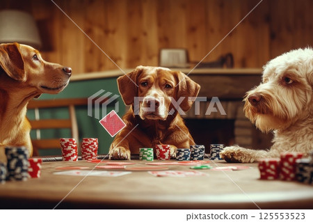 Group of dogs engaged in an intense poker game at a round table full of cards and chips 125553523