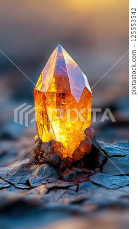 Bright glowing crystal emerges from cracked muddy earth in a striking display of natures beauty 125553542