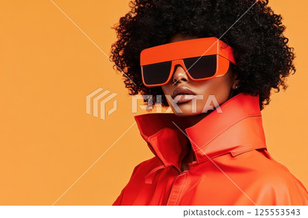 Model wearing oversized sunglasses poses with bright background in vibrant outfit 125553543
