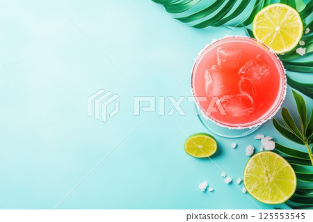 Minimalist cocktail setup featuring margarita glass with lime and salt on pastel blue background 125553545