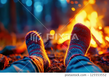 Relaxing by the warm campfire with cozy wool socks on a peaceful night outdoors 125553552